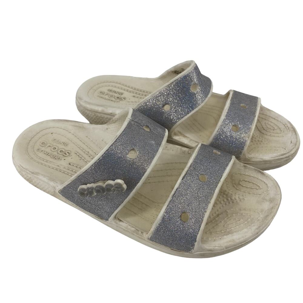 Classic Crocs iconic Glitter II men 5 women 7 Silver/White Slide Sandals